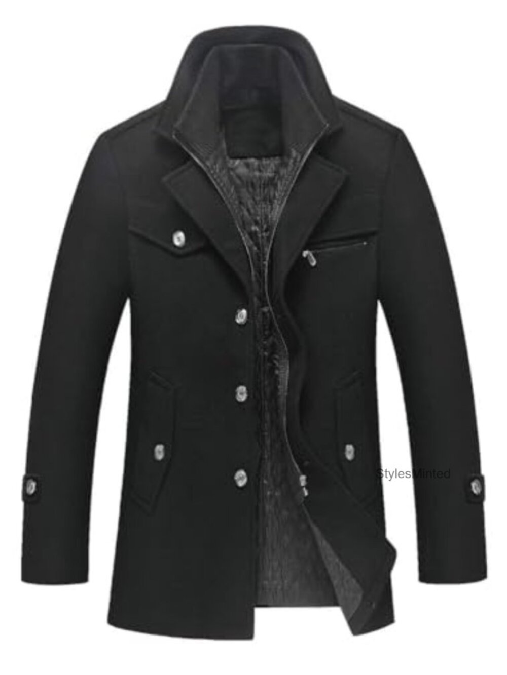 Men's Wool Blend Slim Fit Pea Coat with Quilted Lining, Removable Collar, Long